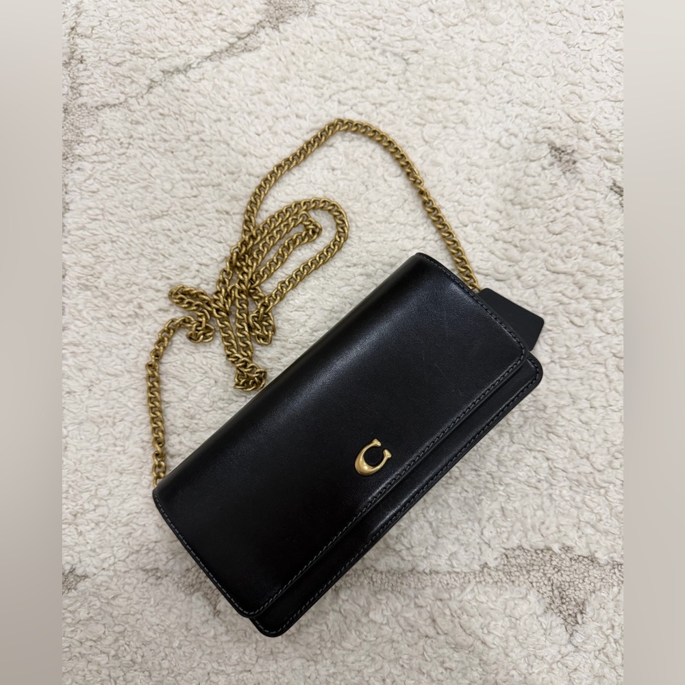 Coach Black Leather Clutch with Gold Chain